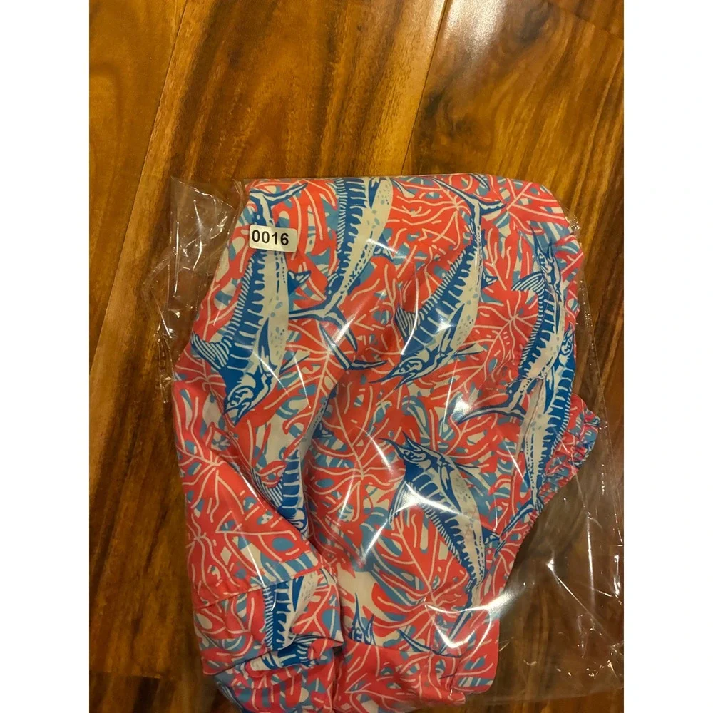 Mens Tropical Marlin Print Swim Trunks Coral Blue Palm Leaf Board‎ Shorts Large